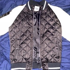 Zara Black and White Quilted Bomber Jacket